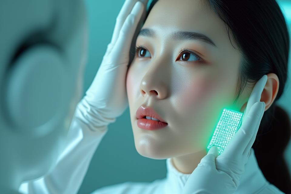 AI 피부 분석 장비가 여성의 얼굴을 스캔하는 모습