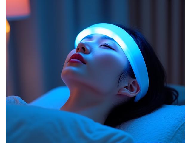 LED 광테라피 기기 아래 편안하게 누워있는 여성