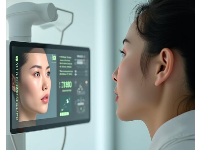 피부 고해상도 이미징 과정을 보여주는 첨단 AI 스캐너와 모니터 화면.