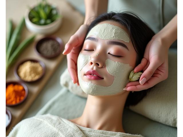 천연 한방 재료로 만든 팩으로 피부 관리를 받는 고객의 모습