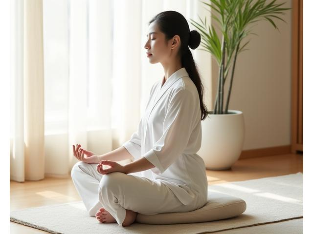 명상 자세로 앉아 있는 차분한 여성, 부드러운 자연광 아래 평화로운 분위기