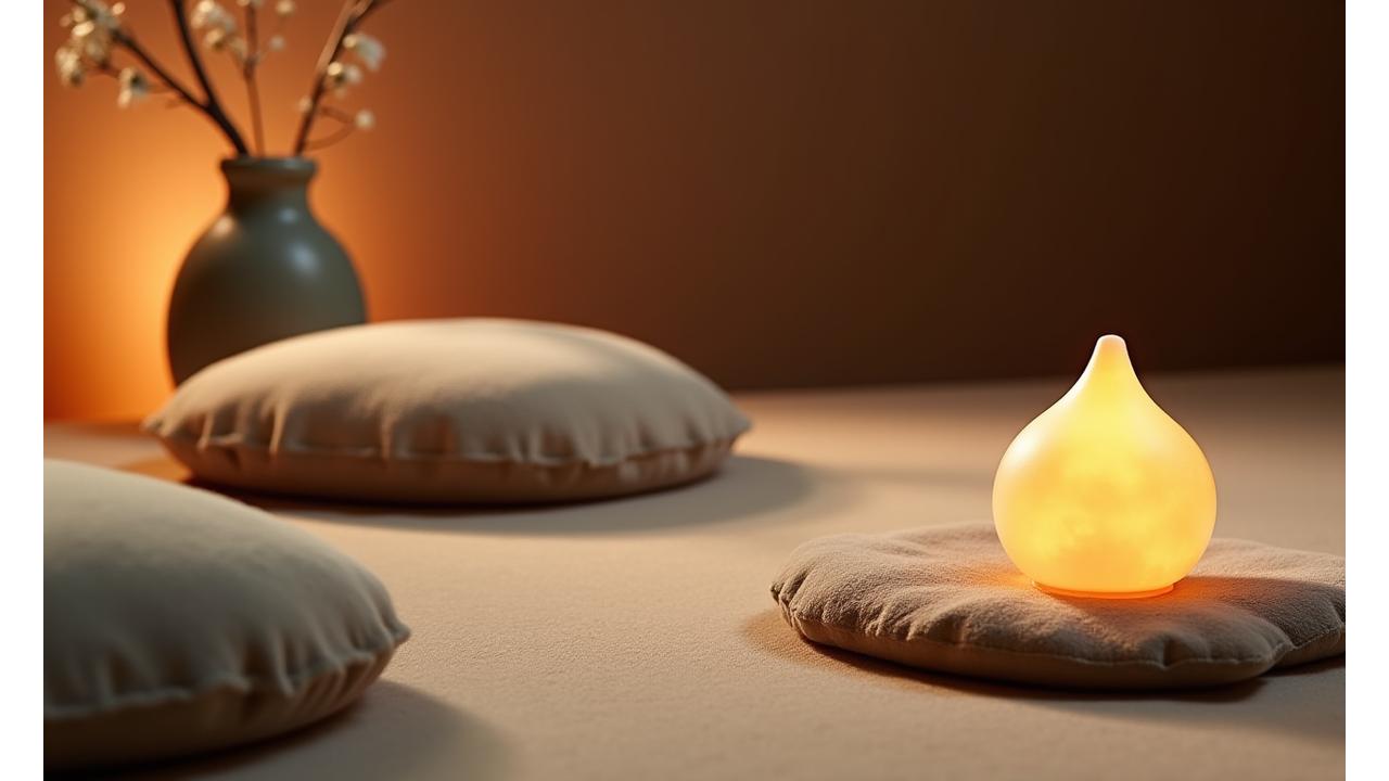 고요하고 아늑한 명상 전용 공간, 은은한 조명과 명상 쿠션